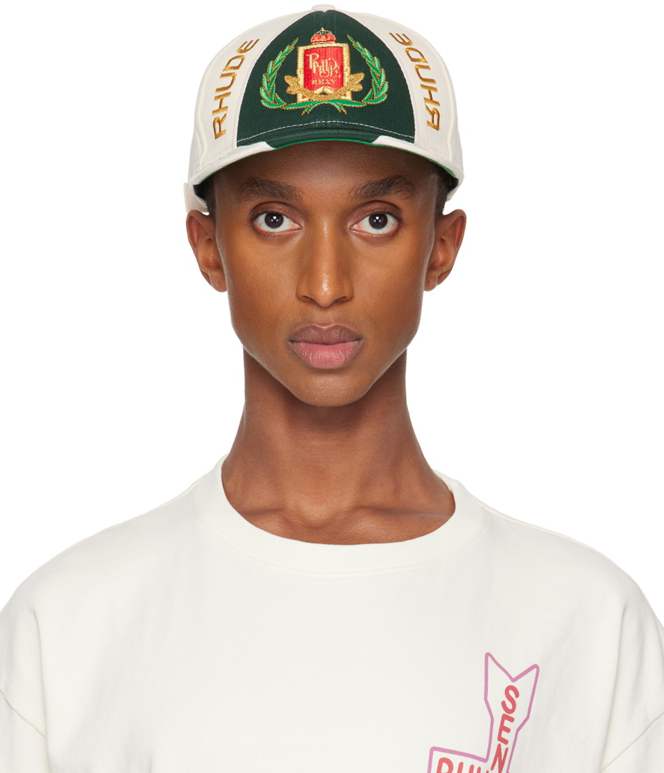 Rhude: Off-White & Green Racing Crest 6-Panel Cap | SSENSE