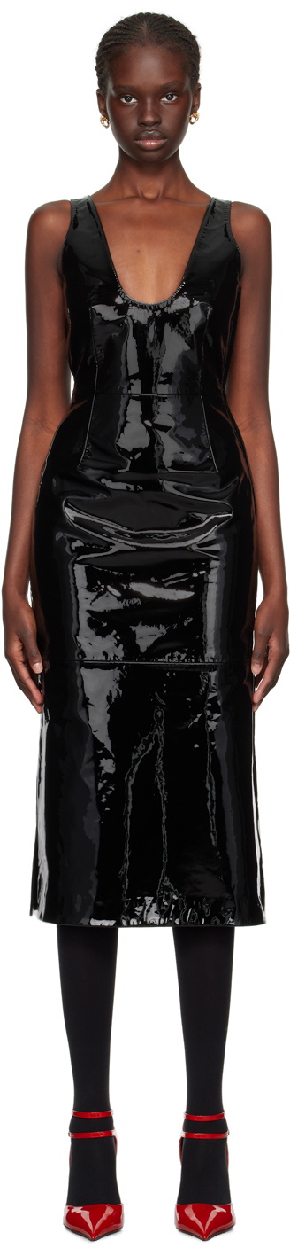 Ferragamo Black Scoop Neck Leather Midi Dress Salvatore Ferragamo