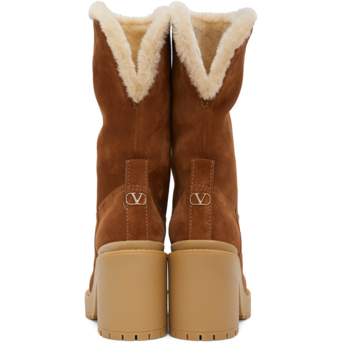 Beige Roman Stud shearling and leather boots, Valentino Garavani