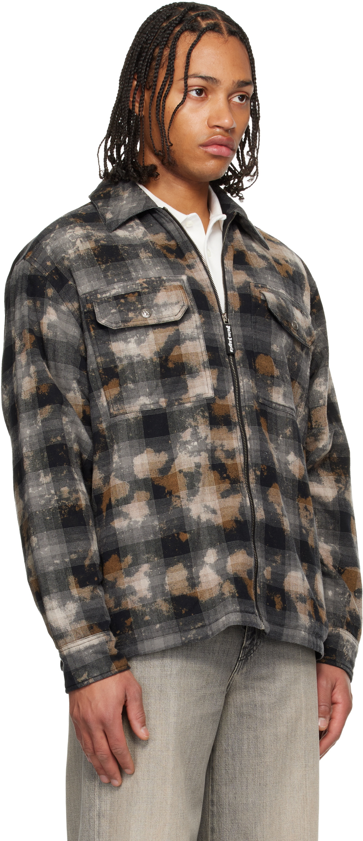 Palm Angels Gray & Brown Curved Logo Check Overshirt Palm Angels