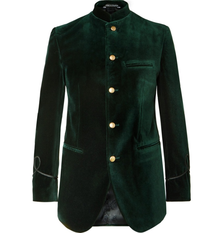 Photo: Favourbrook - Dark-Green Slim-Fit Nehru-Collar Cotton-Velvet Jacket - Green