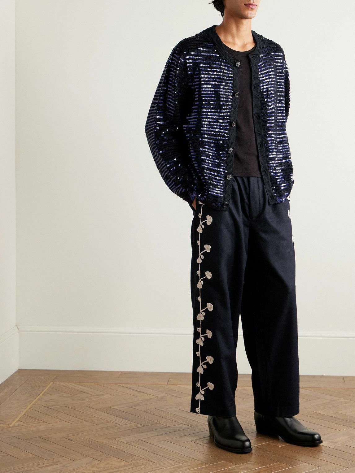 BODE - Snowdrop Straight-Leg Appliquéd Herringbone Wool-Blend Trousers - Blue