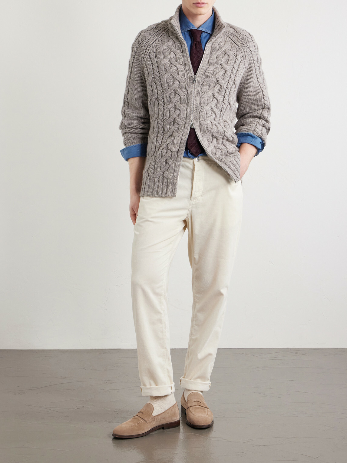 Brunello Cucinelli - Cable-Knit Cashmere Zip-Up Sweater - Gray