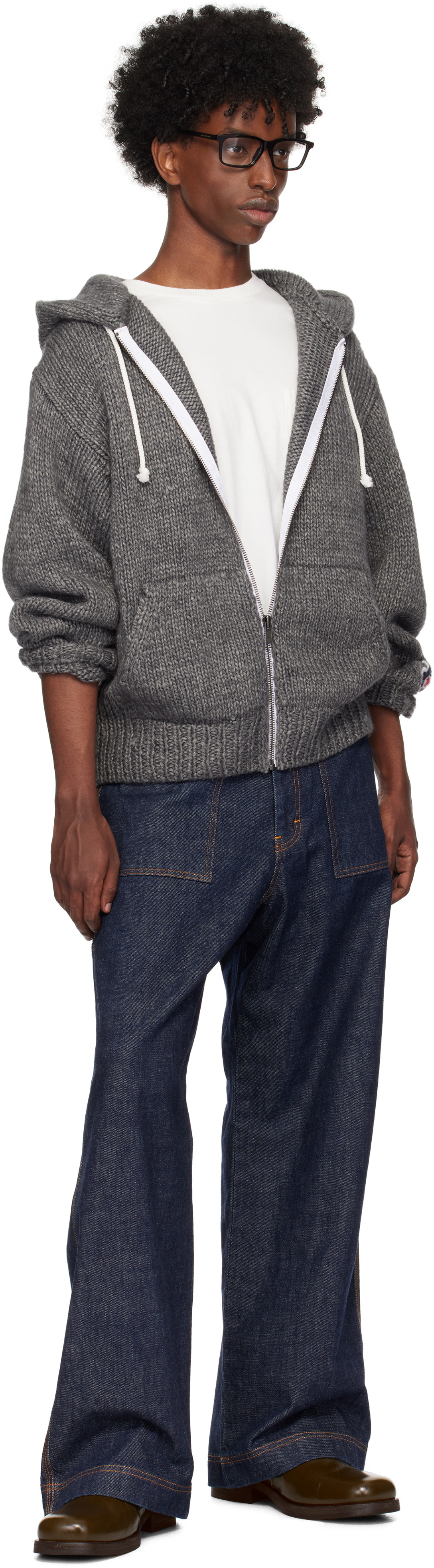 RICE NINE TEN Gray Hand Knitted Zip Hoodie