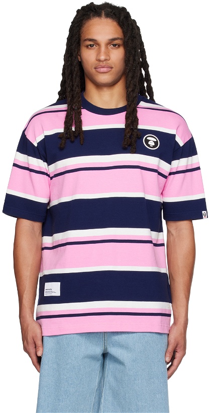 Photo: AAPE by A Bathing Ape Navy & Pink Moonface Patch T-Shirt