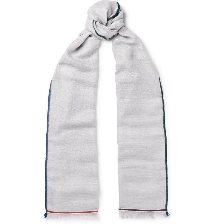 Photo: Loro Piana - Fringed Contrast-Trimmed Cashmere, Silk and Hemp-Blend Scarf - Men - Gray