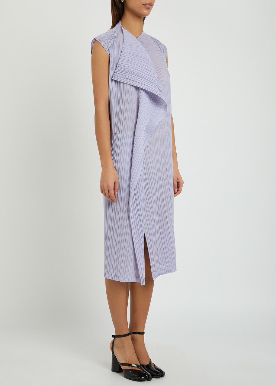 Pleats Please Issey Miyake Pleated Draped Woven Midi Dress Light Purple