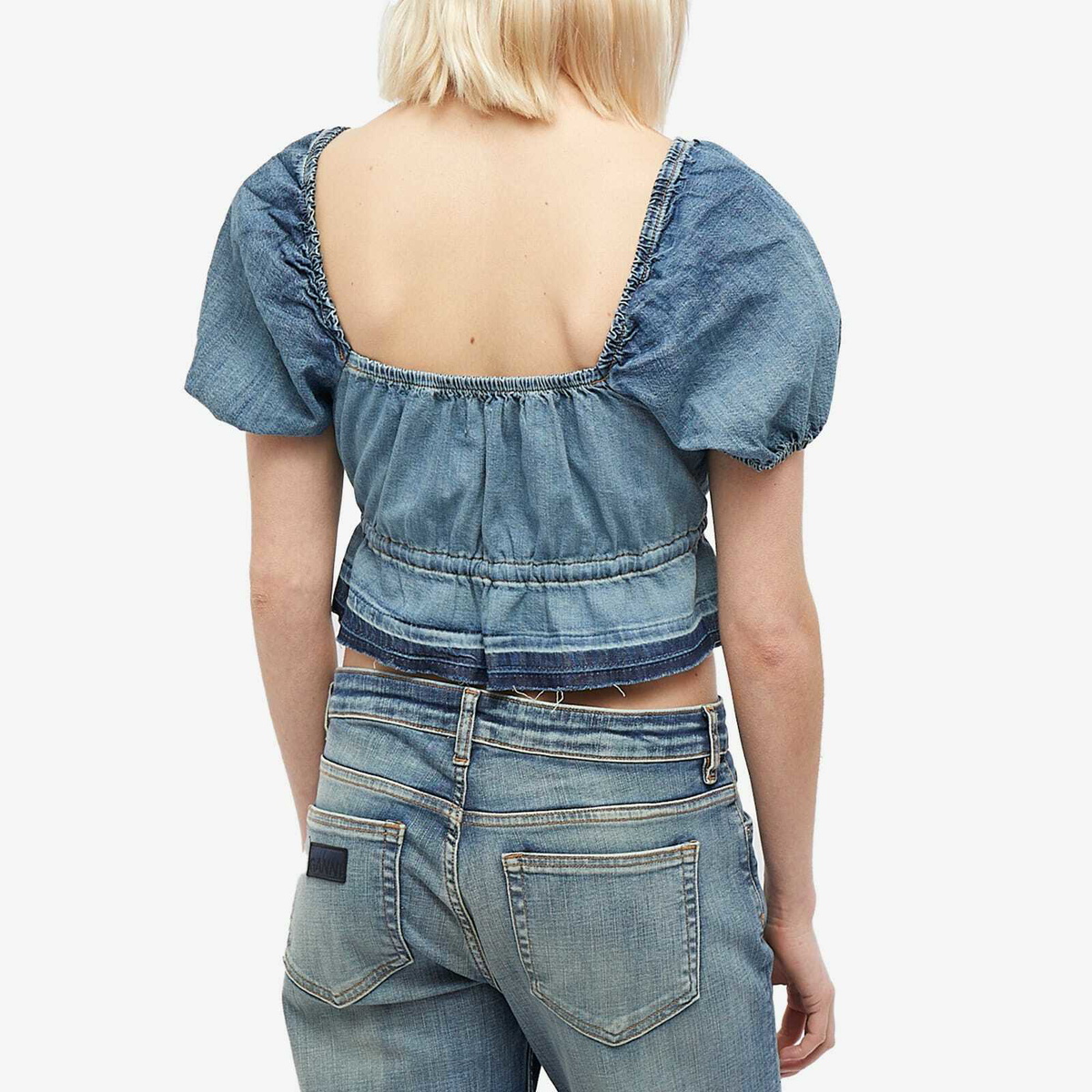 GANNI Women's Denim Puff Sleeve Top in Tint Wash GANNI