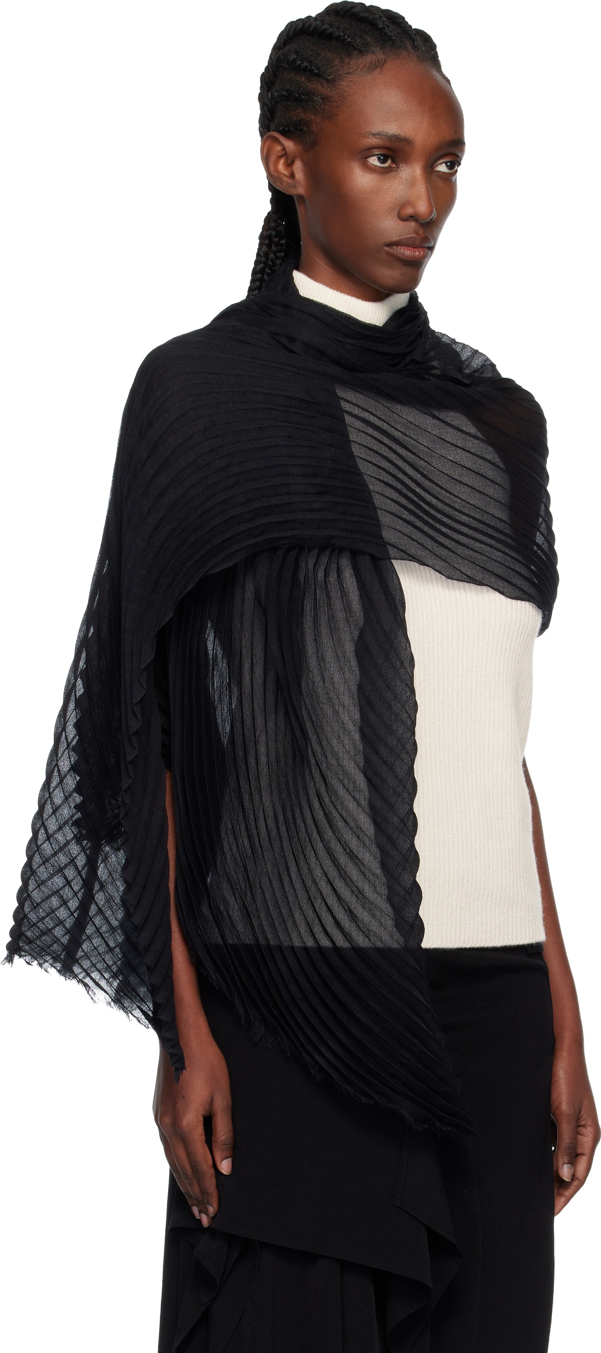 ISSEY MIYAKE Black Silk Wool Pleats Stole Scarf