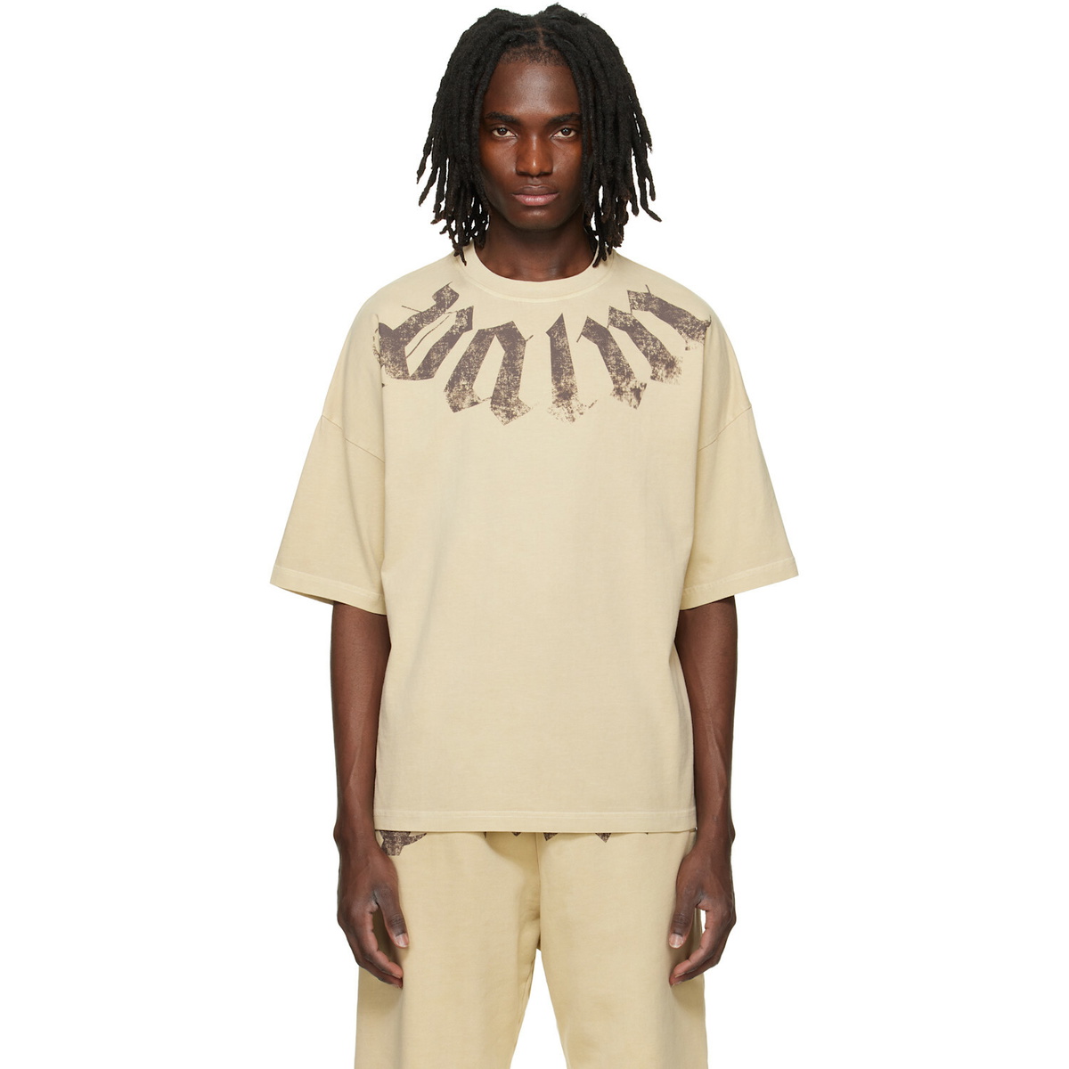 Palm Angels Beige Big Neck Logo Loose T-shirt