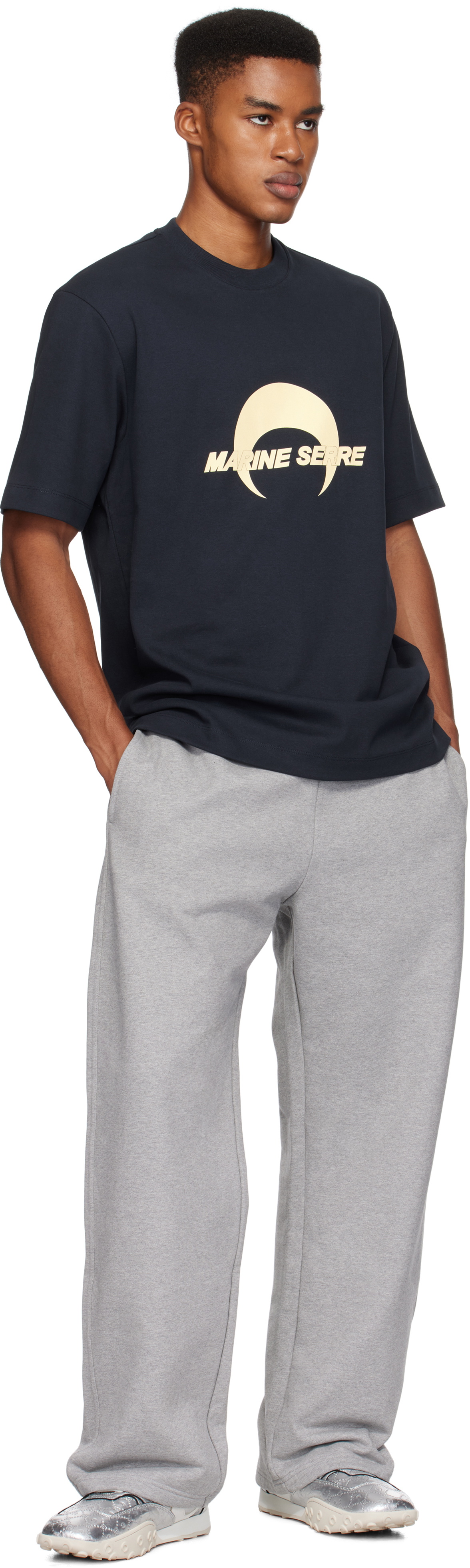 Marine Serre Navy Cotton Jersey Loose Fit T-Shirt Marine Serre