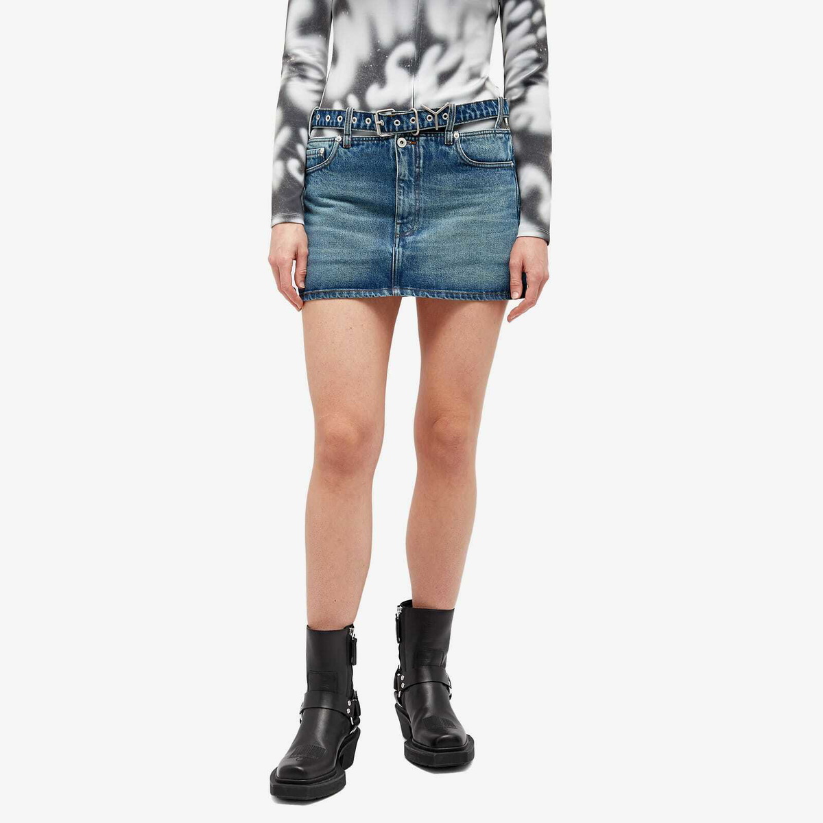 Y-Project Women's EVERGREEN Y BELT DENIM MINI SKIRT in Evergreen/Vintage Blue