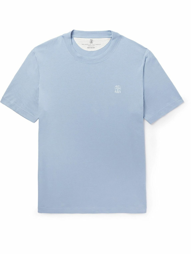 Photo: Brunello Cucinelli - Logo-Print Cotton and Linen-Blend Jersey T-Shirt - Blue