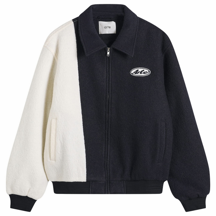 Photo: Arte Men's Wool Varsity Jacket in Blue/White
