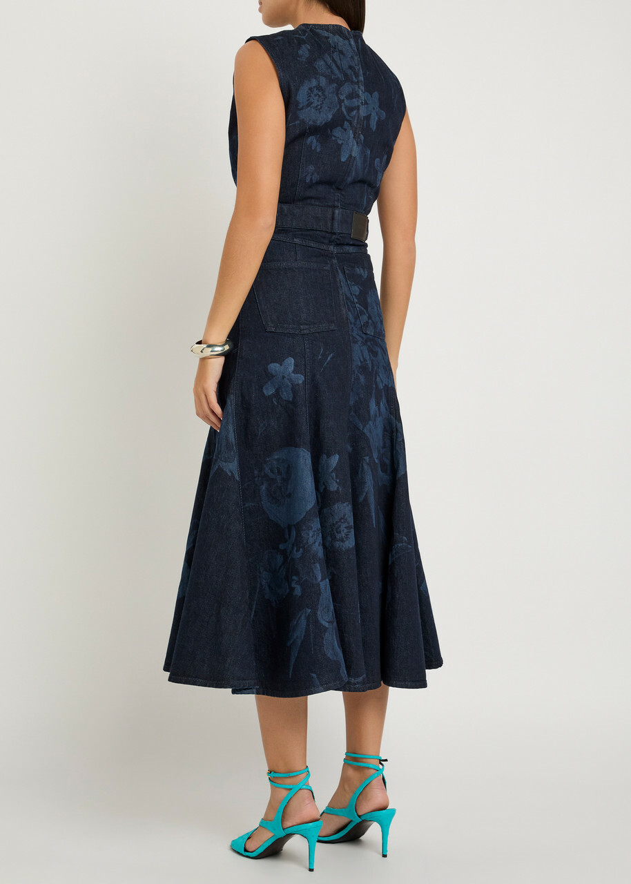 Erdem Floral-print Denim Midi Dress Indigo