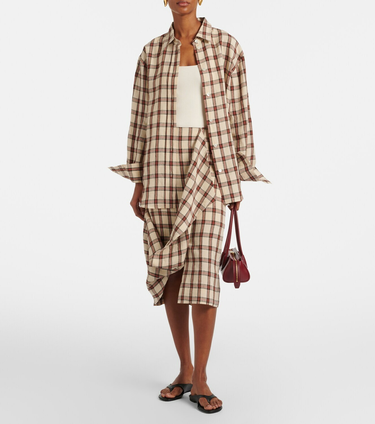 Róhe Checked linen midi skirt
