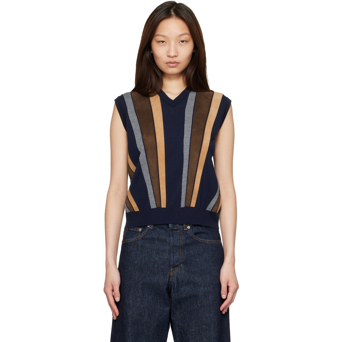Versace Navy Intarsia-Wool & Leather Patchwork Vest