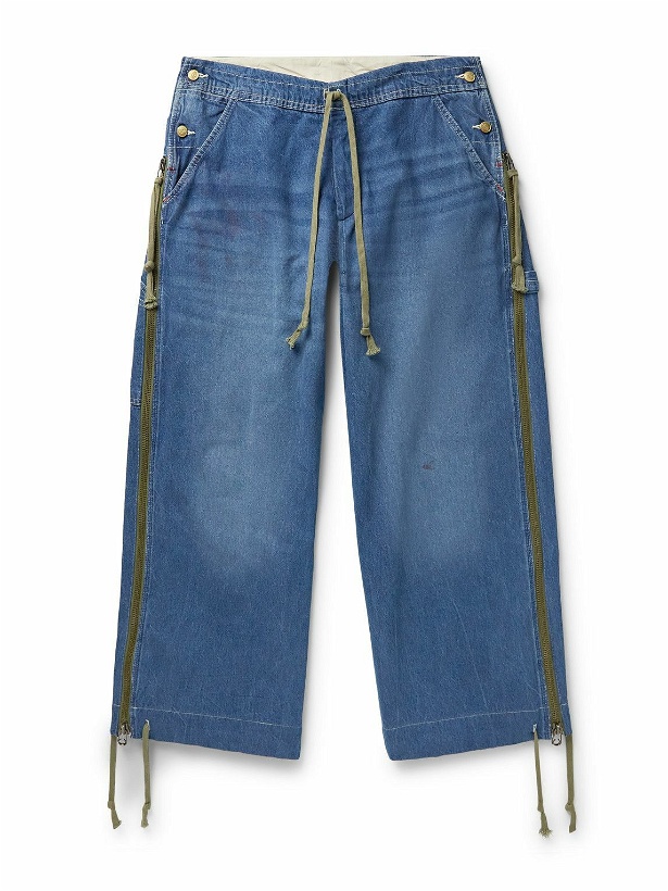 Photo: Greg Lauren - Wide-Leg Layered Distressed Jeans and Jersey Sweatpants - Blue