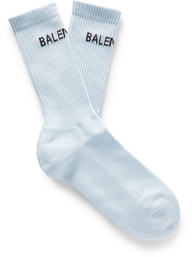 Photo: Balenciaga - Logo-Jacquard Ribbed Cotton-Blend Socks - Blue