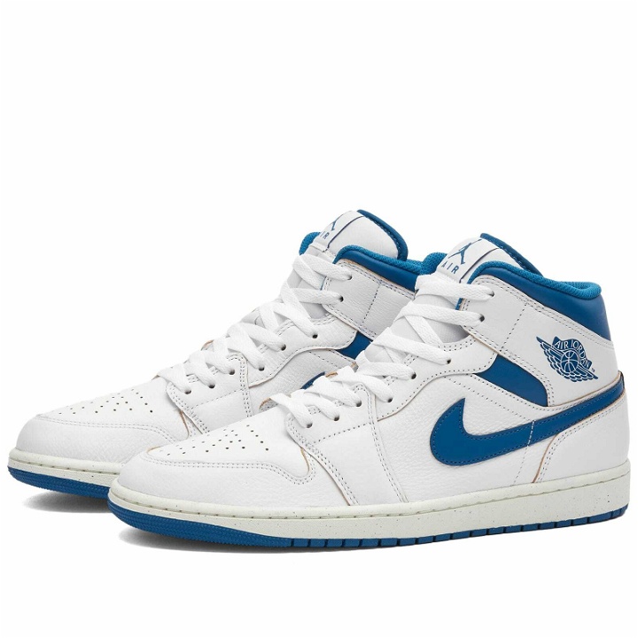 Photo: Air Jordan Men's 1 MID SE Sneakers in White/Blue/Sail