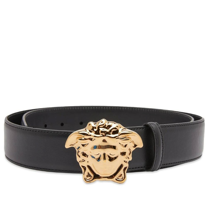 Photo: Versace Men's Medusa Buckle Leather Belt in Black/Gold