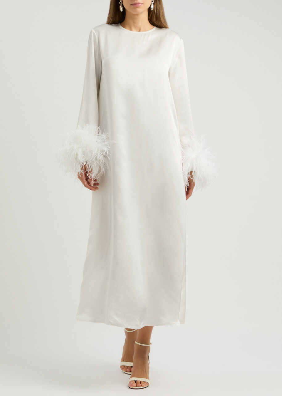 Sleeper Suzi Feather-trimmed Satin Midi Dress White