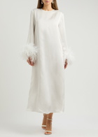 Sleeper Suzi Feather-trimmed Satin Midi Dress White