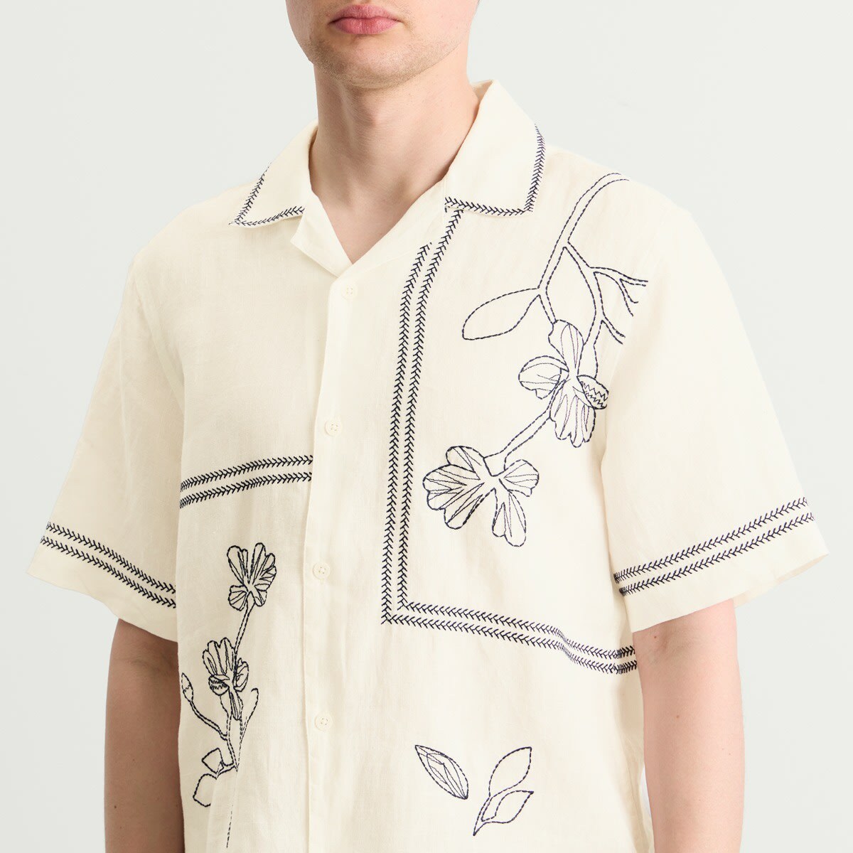 Wax London Men's Didcot Grid Flowers Vacation Shirt in Ecru/Navy