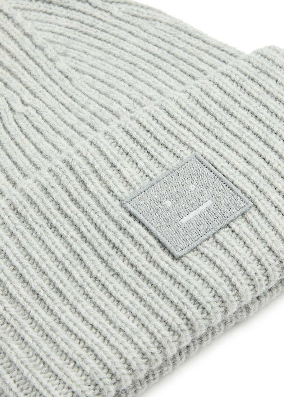 Acne Studios Logo Ribbed Wool Beanie - Light Grey - One Size  display picture 1