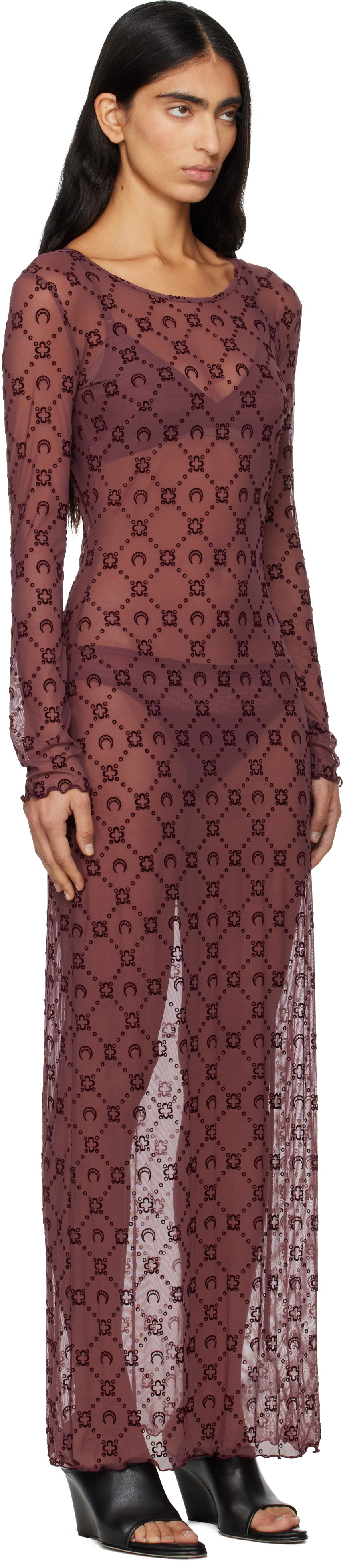Marine Serre Burgundy Moonogram Mesh Flock Maxi Dress