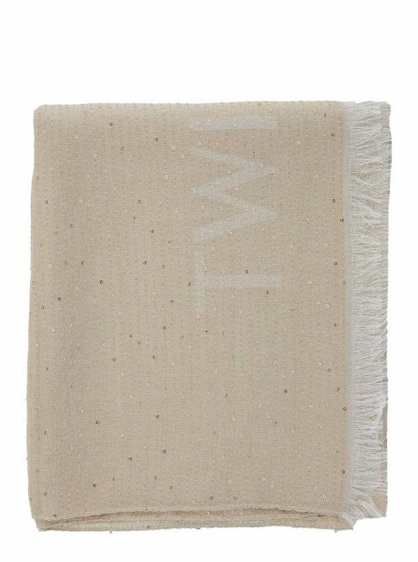 Photo: TwinSet Beige Sequin Scarf With Logo Lettering In Tech Fabric Woman