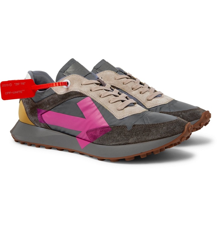 Photo: Off-White - Arrow Leather-Trimmed Suede and Shell Sneakers - Gray