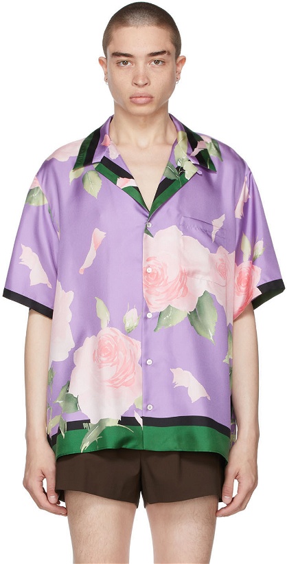 Photo: Valentino Purple Silk Flying Flowers Bowling Short Sleeve Shirt