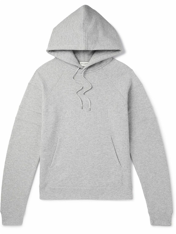 Photo: SAINT LAURENT - Logo-Embroidered Cotton-Blend Jersey Hoodie - Gray
