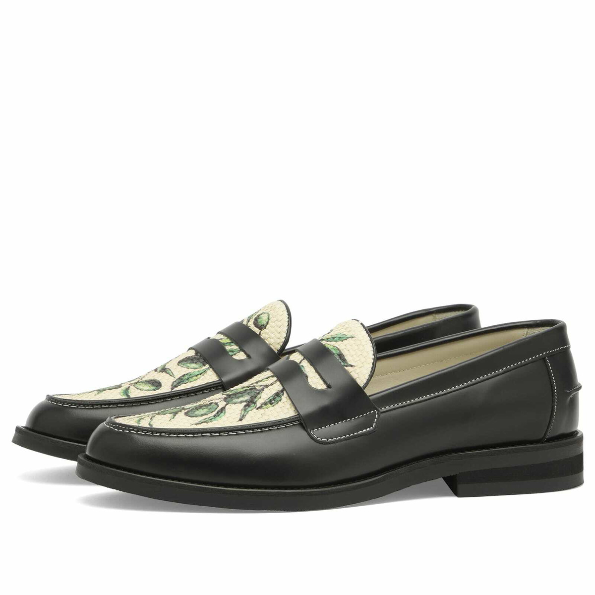 Duke + Dexter Men's Wilde Olive Raffia Penny Loafer in Black/White