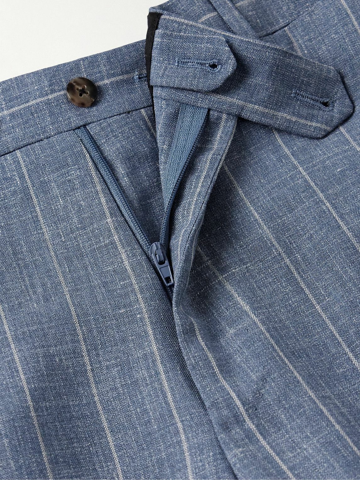 Caruso - Slim-Fit Striped Wool, Silk and Linen-Blend Suit Trousers - Blue