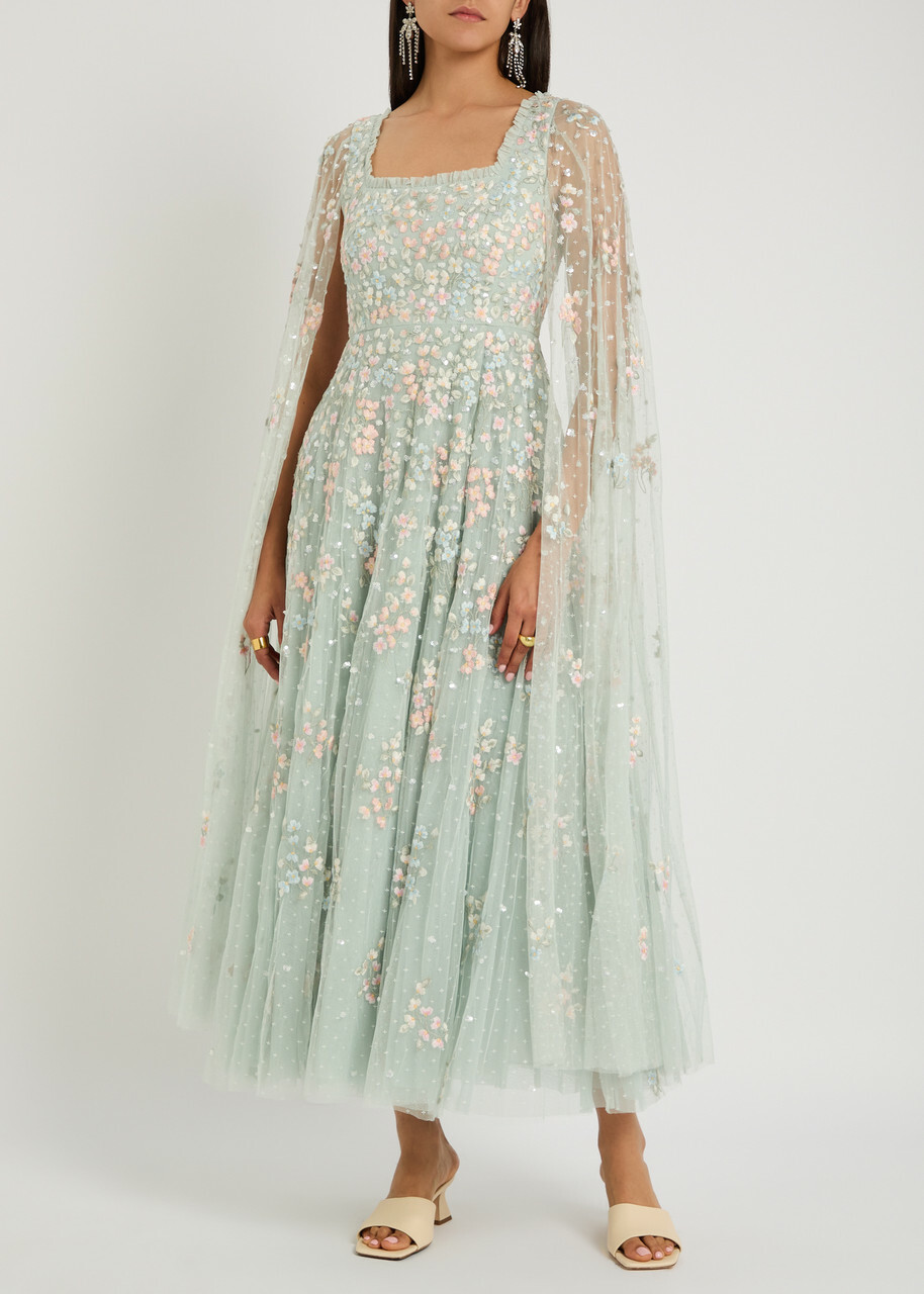 Needle & Thread Versailles Ditsy Floral-embroidered Tulle Gown Light Blue