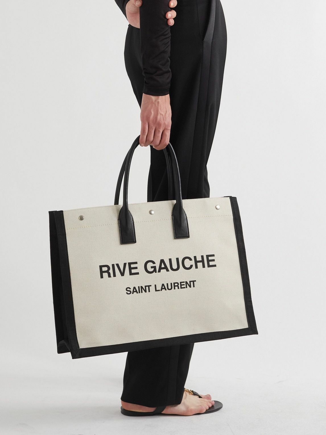 SAINT LAURENT - Logo-Print Leather-Trimmed Canvas Tote Bag Saint Laurent
