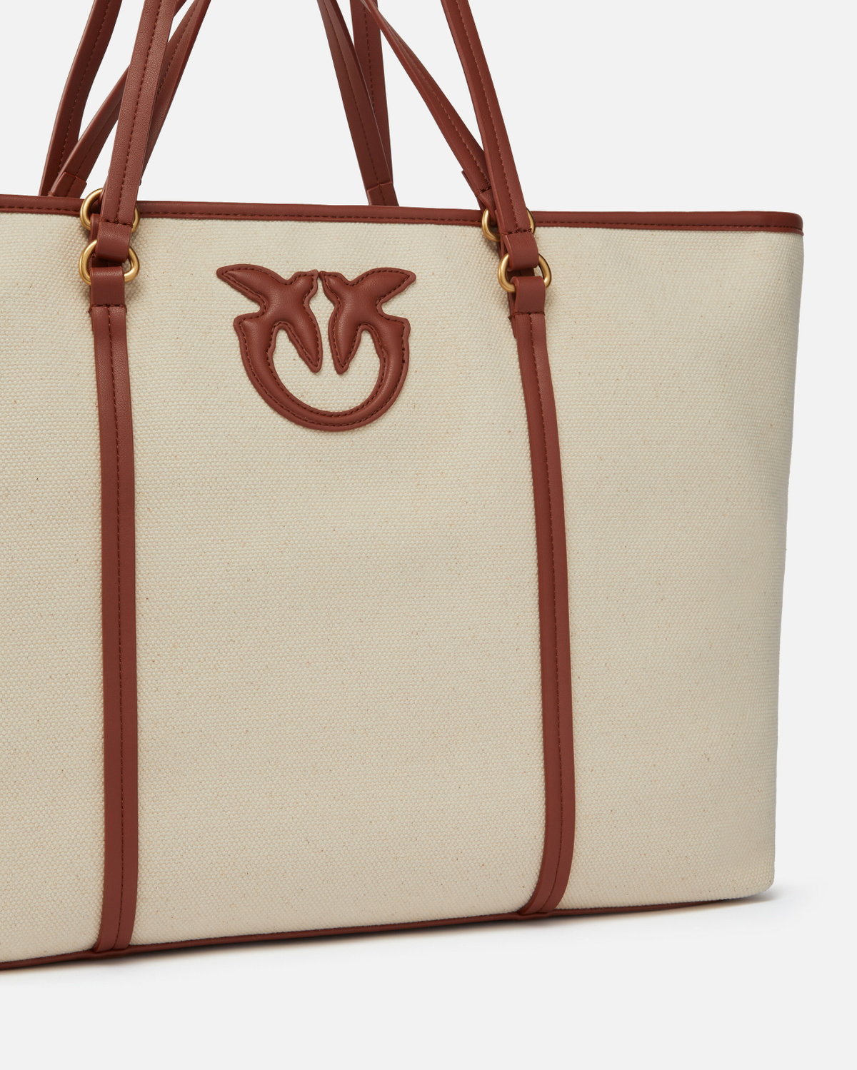 Pinko Maxi Shopper Bag In Recycled Canvas With Double Handles Mult. Beige/Leather Antique Gold