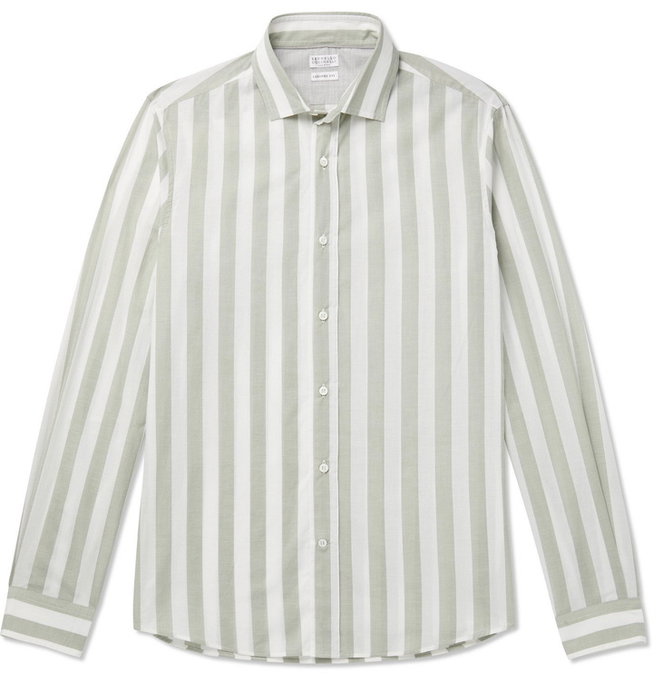 Photo: Brunello Cucinelli - Striped Cotton-Voile Shirt - Green