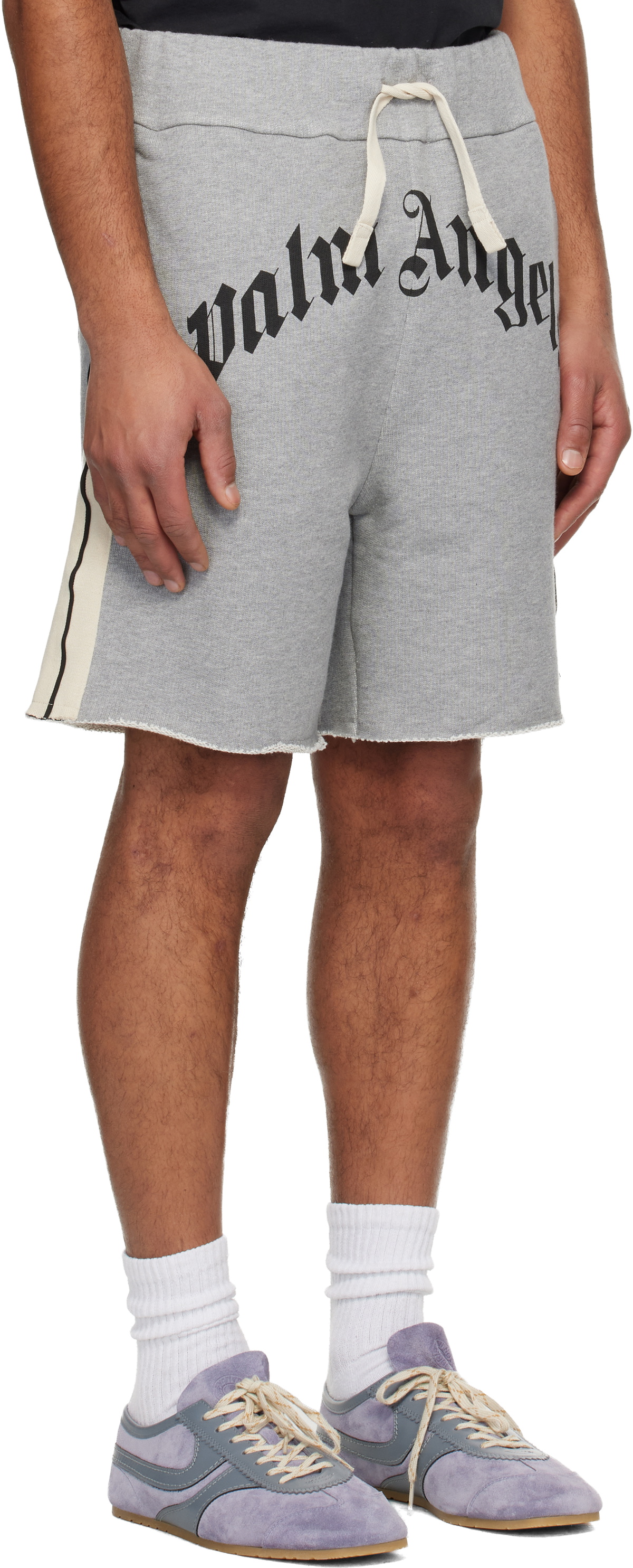 Palm Angels Gray Curved Logo Track Sweat Shorts