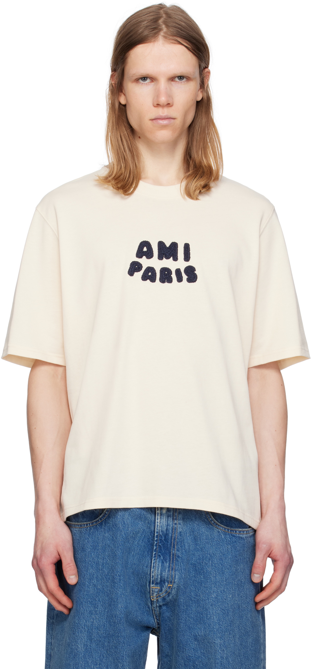 Beige Cotton 'Ami Paris' Patch T-shirt by AMI Paris on Sale