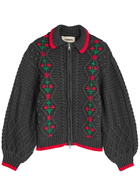 Damson Madder Grandpa Floral-embroidered Cotton-blend Cardigan Charcoal