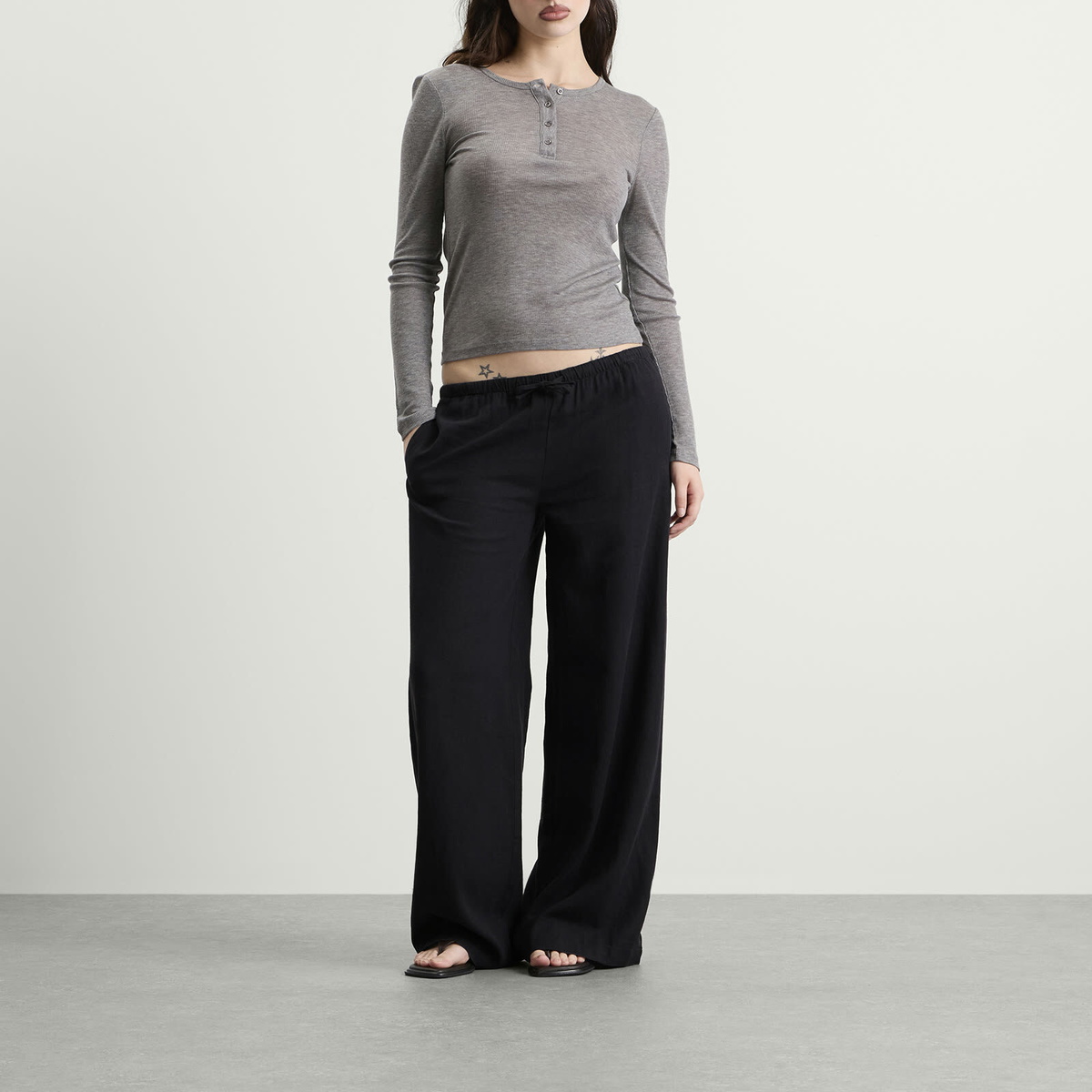 TALA Women's Soft Linen Drawstring Trousers in Shadow Black