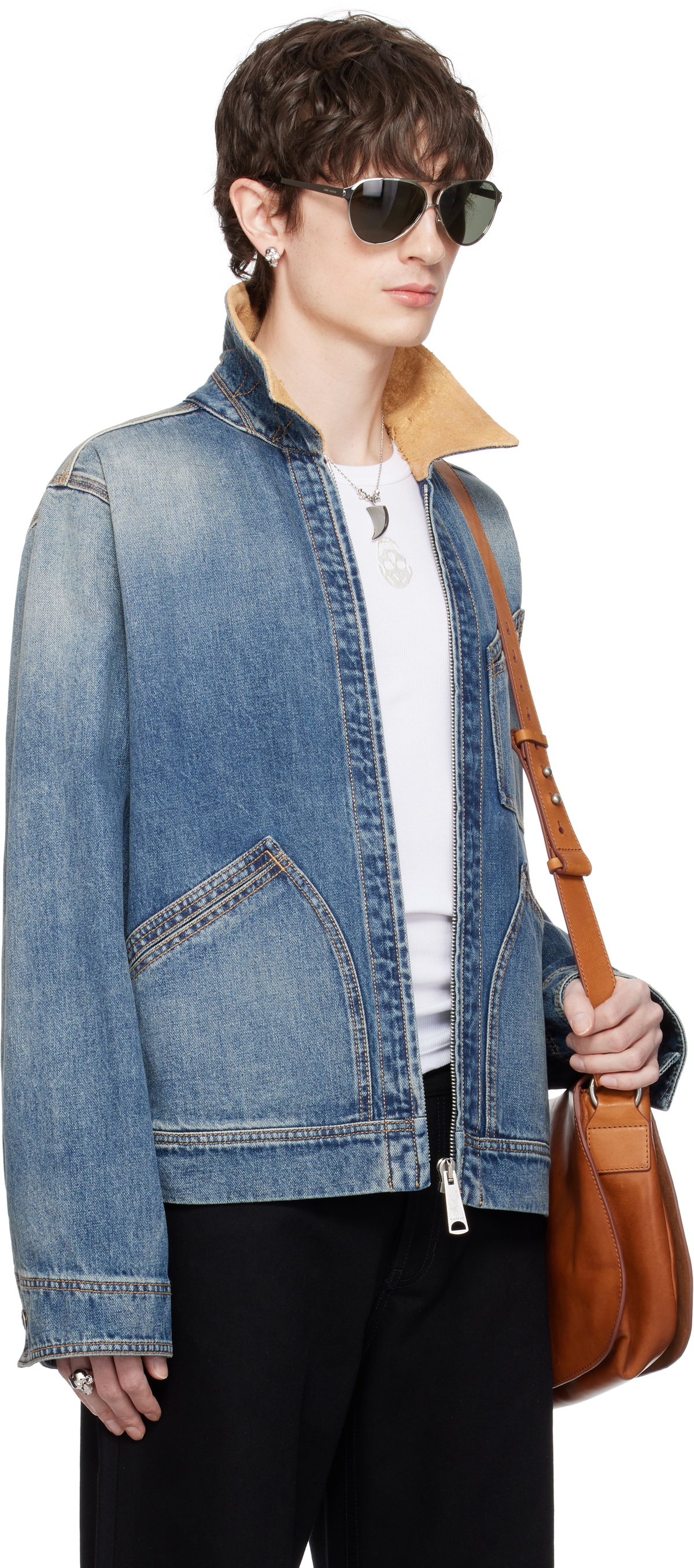 McQueen Blue Suede Collar Denim Jacket