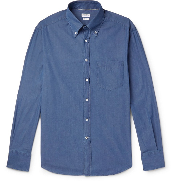 Photo: Brunello Cucinelli - Slim-Fit Button-Down Collar Cotton-Chambray Shirt - Men - Blue