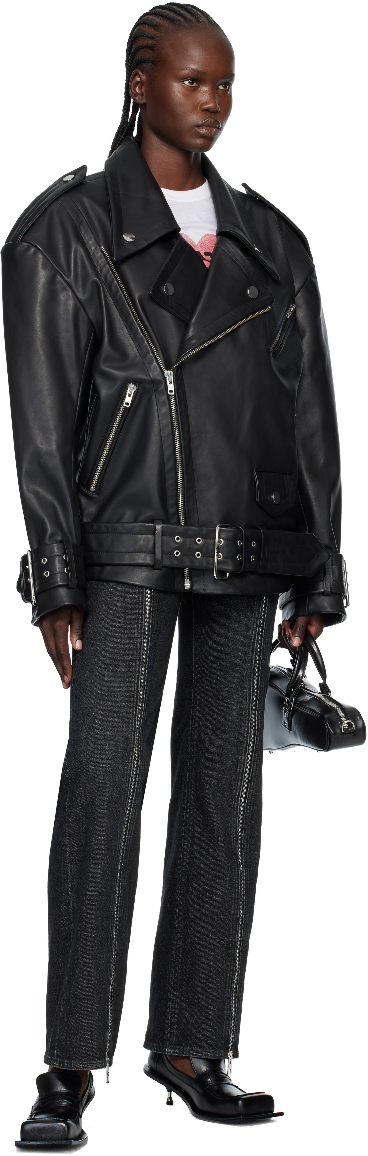 VAQUERA Black Oversized Moto Leather Jacket