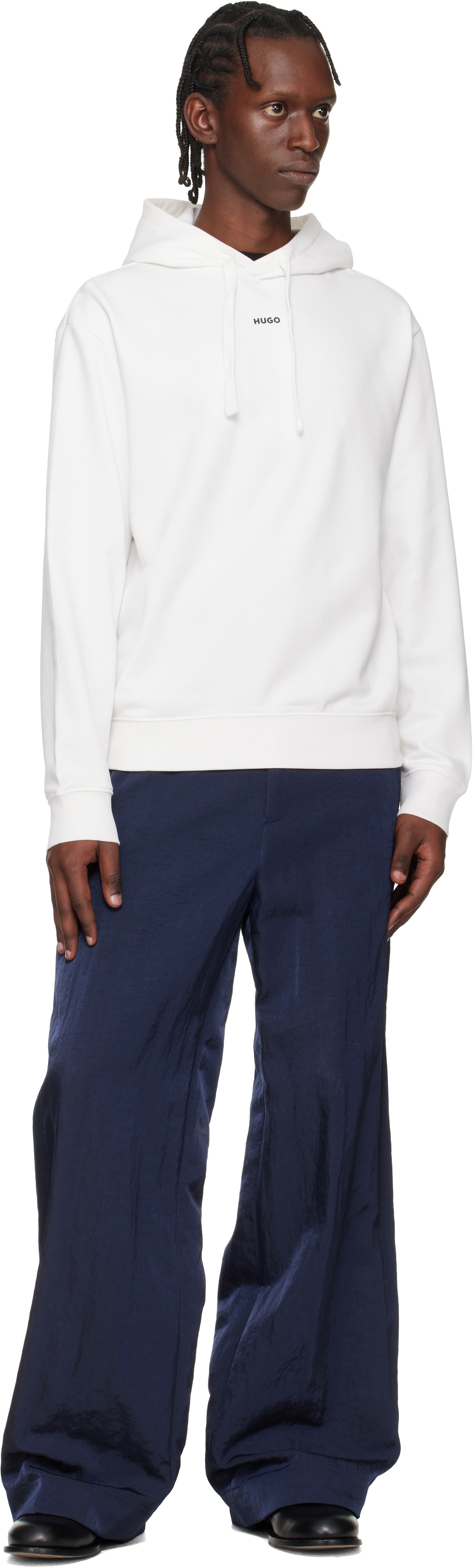 Hugo White Relaxed-Fit Logo Print Hoodie