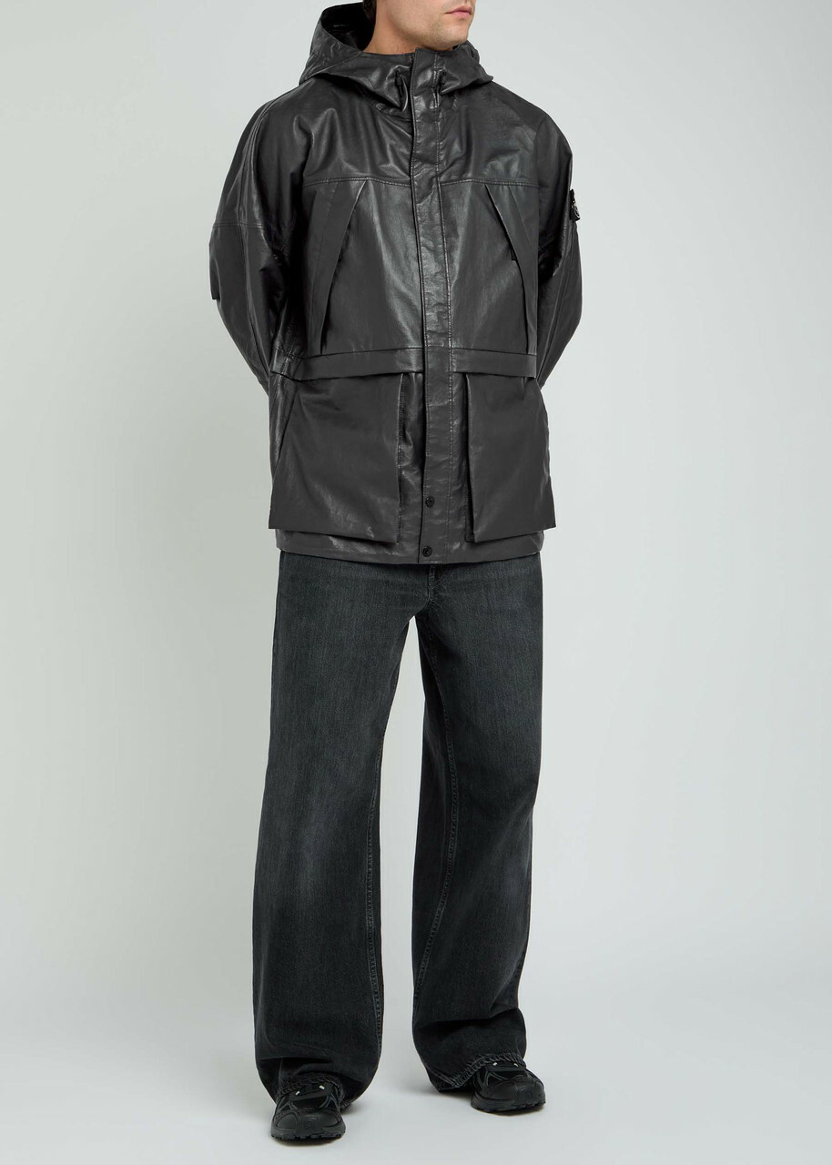 Stone Island Logo Panelled Hooded Leather Jacket Charcoal