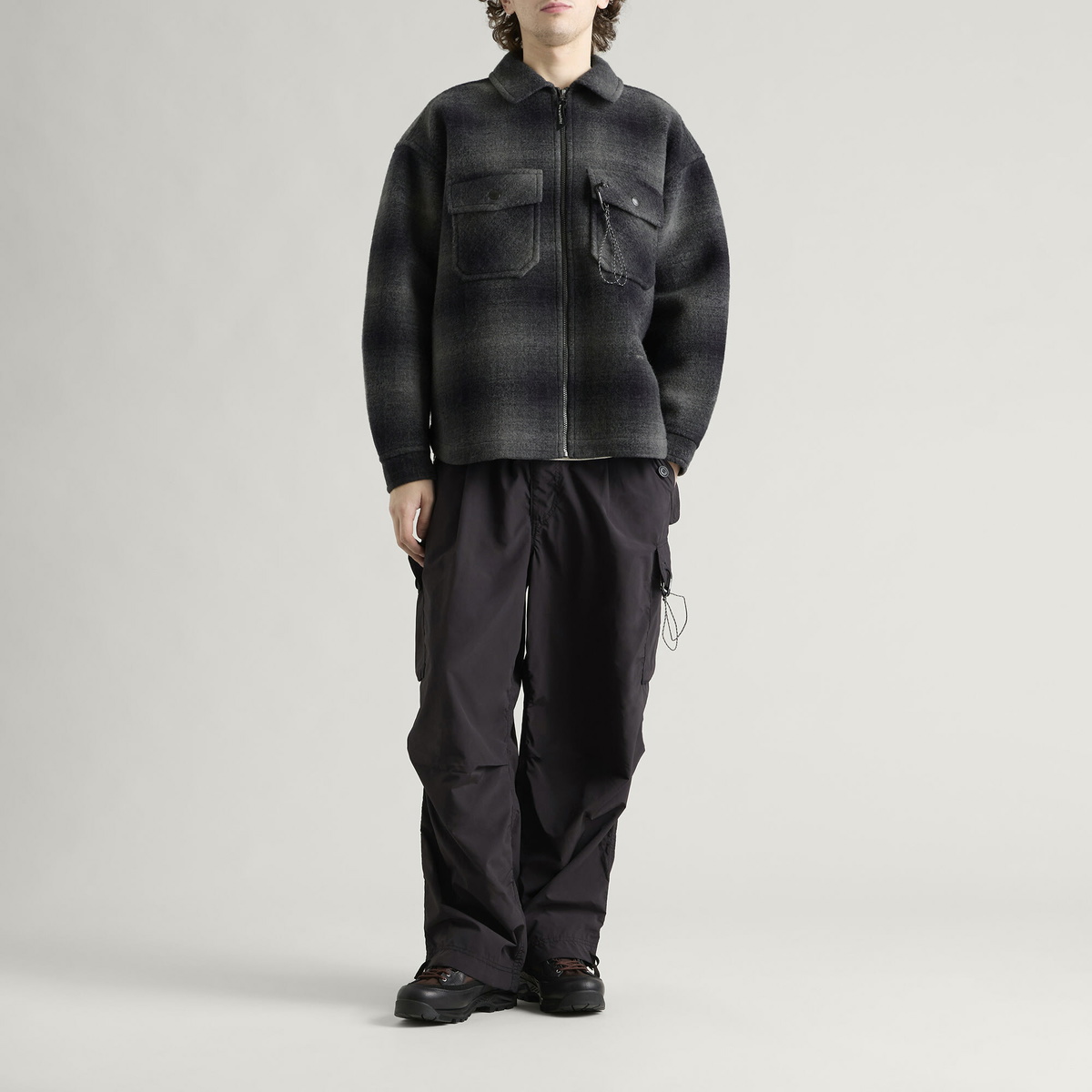 And Wander Men's Wool Shaggy Check Zip Jacket in Charcoal